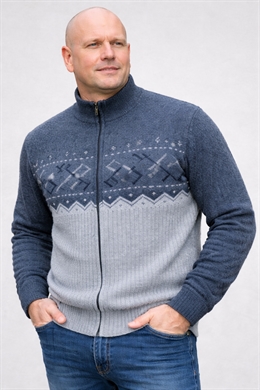 Blåmønstret herre cardigan med lynlås fra Carabou